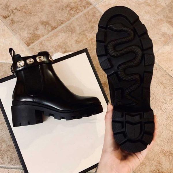 

luxury designer shoes women rubber platform ankle boots black leather embroidered bee ankles boot with belt print super quality eu35-41323q