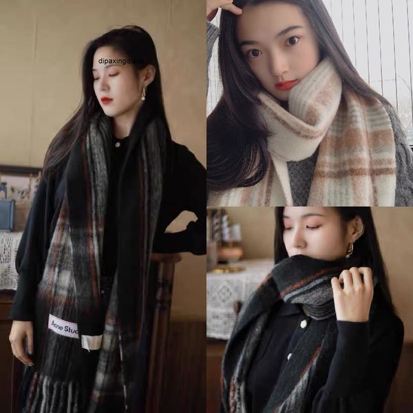 

designer scarf acne sweden studios swedish minority ac wool blend scarf with color blocking stripes in winter and tassels, Blue;gray