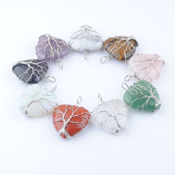 

natural stone pendants wire wrap handmade tree of life heart shape beads amethyst opal bn446, Silver