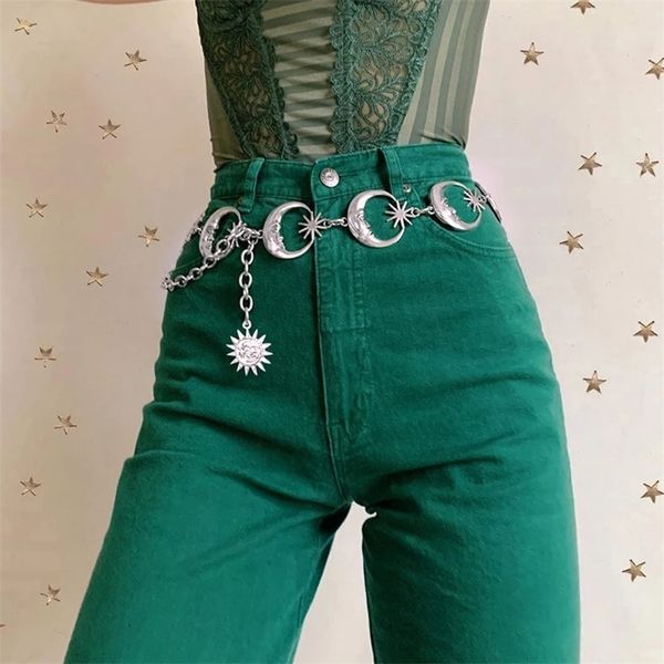 

belts harajuku punk moon metal women vintage high waist chain gothic sun silver pendant female 220916, Black;brown