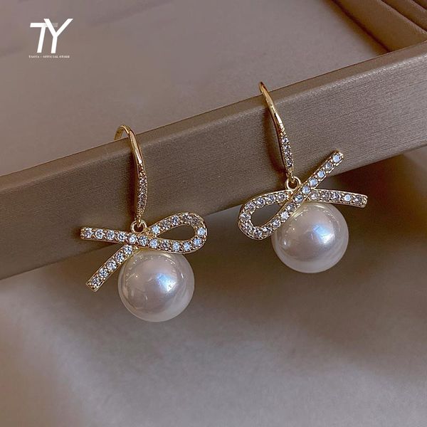 

luxury micro inlaid zircon bowknot white pearl drop earrings for woman korean fashion jewelry wedding girls elegant earrings, Silver