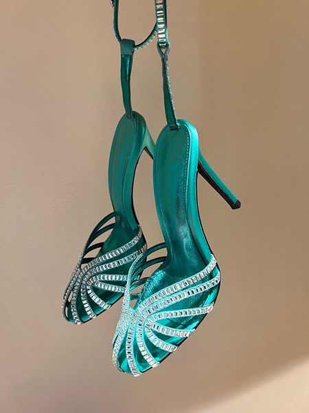 

crystal stiletto sandals fancy diamond peep toe cut out summer dress shoes ankle strap thin high heel popular sandals leather soles, Black