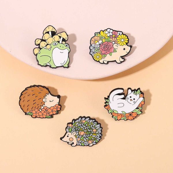 

cartoon animal hedgehog brooch metal badge frog mushroom flower aestheticism creative accessory pin, Gray