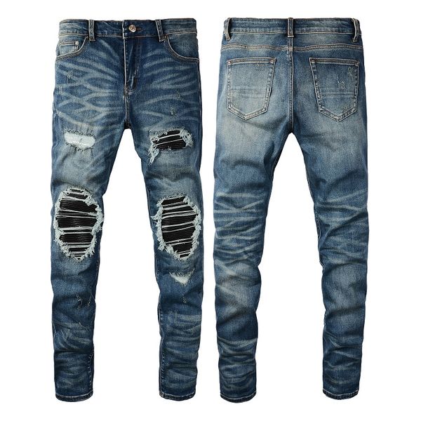 

2021 mens jeans distressed motorcycle biker jean rock skinny slim ripped hole letter uality brand hip hop denim pants 6612, Blue
