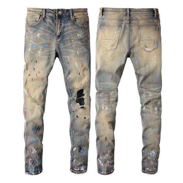 

2021 mens jeans distressed motorcycle biker jean rock skinny slim ripped hole letter uality brand hip hop denim pants 6556, Blue