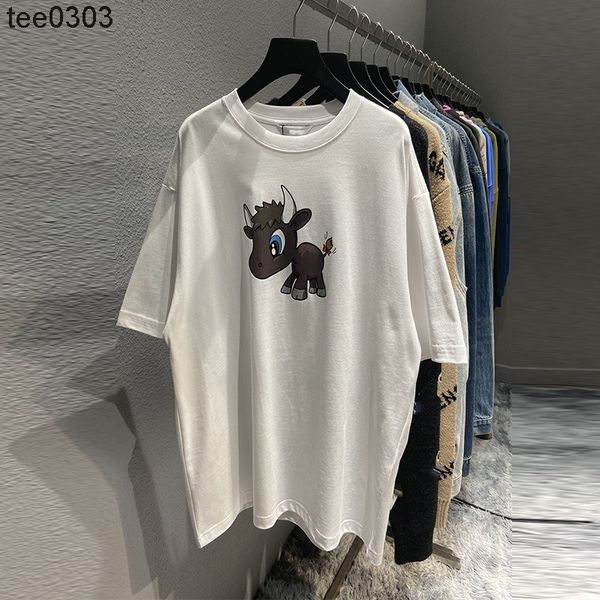 

men's t-shirts high version balencaigass 21ss spring and summer year of the ox bull calf short sleeve men's and women's loose, White;black