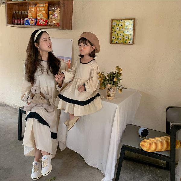 

family matching outfits mother daughter girls princess outfits korean style autumn family matching dresses long sleeves round collar dresses, Blue