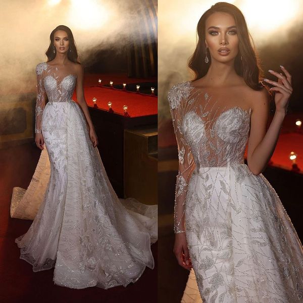 

elegant illusion mermaid wedding dress one shoulder shiny trumpet bridal gowns detachable trainrobe de soiree, White
