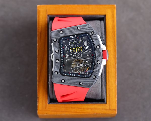 

watch sports style carbon fiber case automatic mechanical movement rubber strap bow buckle ricro, Slivery;brown