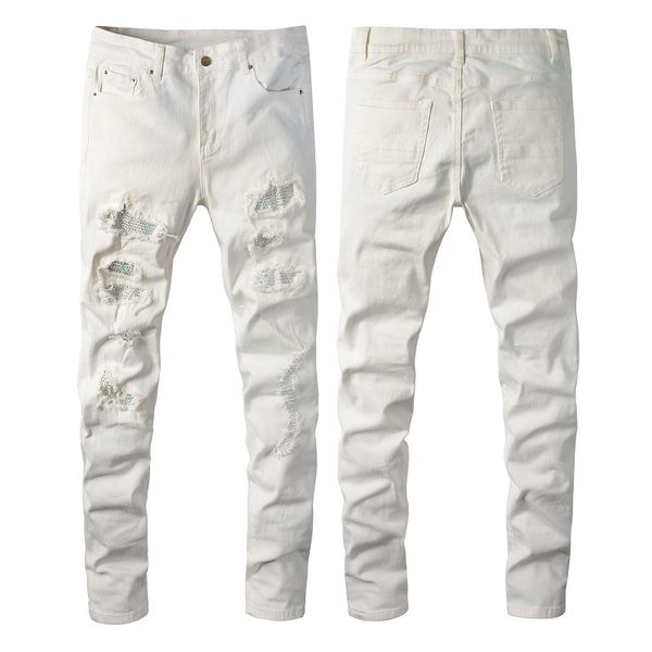 

2021 mens jeans distressed motorcycle biker jean rock skinny slim ripped hole letter uality brand hip hop denim pants 7625, Blue