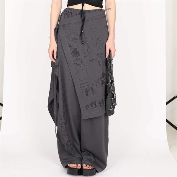 

women's pants capris japanese harajuku fake two-piece irregular trousers women pant skirt women's elastic waist sashes wide leg pa, Black;white