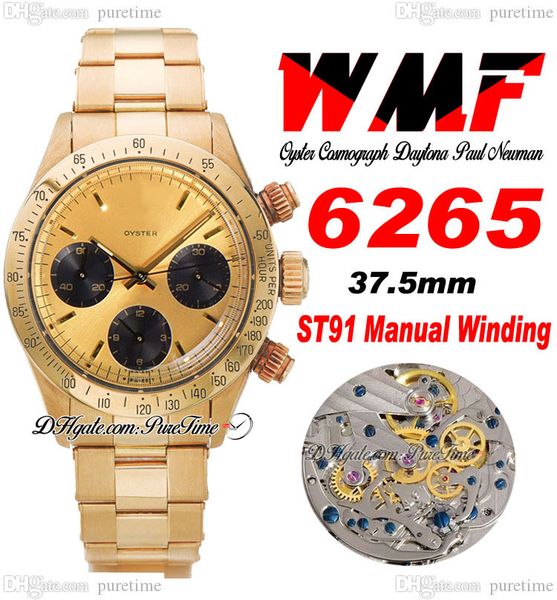 

paul newman st91 manual winding chronograph mens watch 6265 wmf 1967 rare vintage yellow gold champagne black dial oystersteel bracelet supe, Slivery;brown