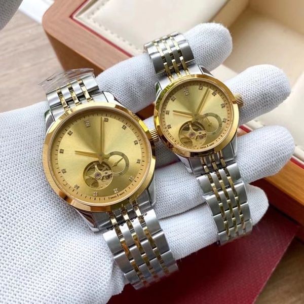 

couple mechanical watch 40mm dial japanese prototype 82s5 caliber self-winding silver and gold stainless steel sapphire mirror semi-skeleton, Slivery;brown