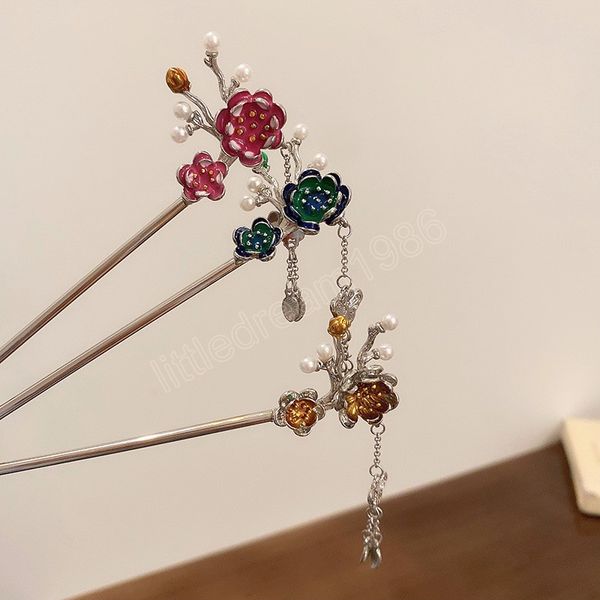 

chinese style hair chopsticks metal rhinestone hairpins women tassel flower headpiece hairpin hair jewelry accessories, Golden;silver