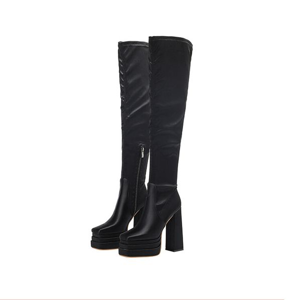 

2022 women's boots autumn winter new european and american fashion stitching thickened high heels bottom side zipper over the knee boot, Black