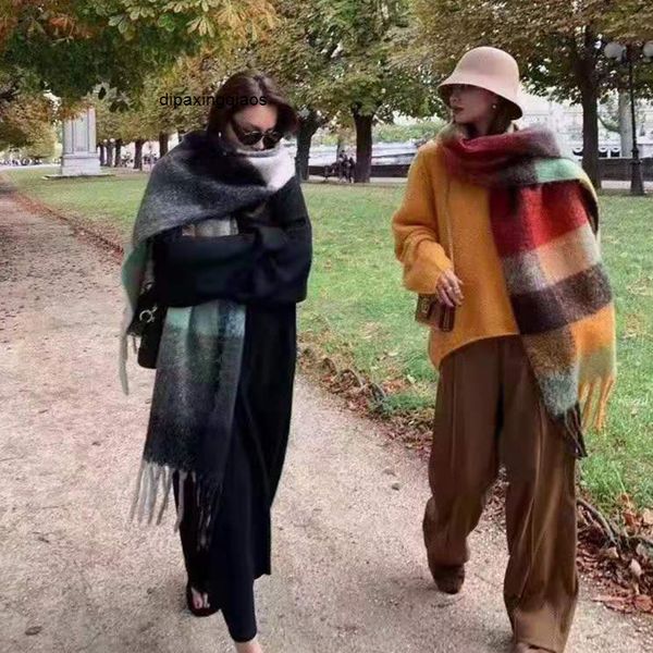 

designer scarf acne sweden studios ac rainbow color contrast checker neck 2021 new fashion tassel autumn winter women's thickened scarf, Blue;gray