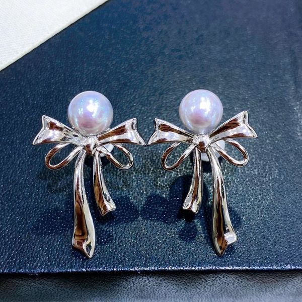 

22090711 diamondbox -jewelry earrings ear studs silver blue pearl sterling 925 silver bow knot ribbon akoya 6.5-7 mm round pendant charm gif, Golden;silver