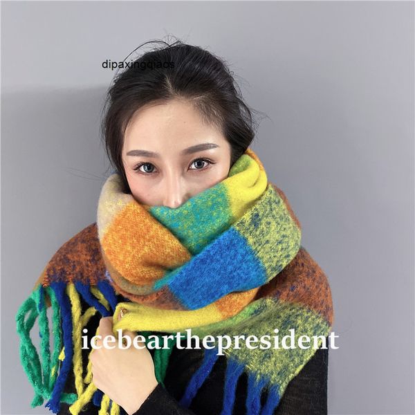 

designer scarf acne sweden studios ace nordic ins rainbow stripe plaid tassel super thick warm long scarf shawl, Blue;gray