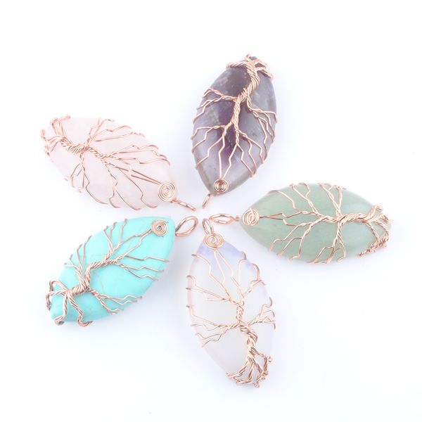 

natural stone tree of life pendants rose gold wire wrap marquise shape jewelry turquoises purple crystal bn447, Silver