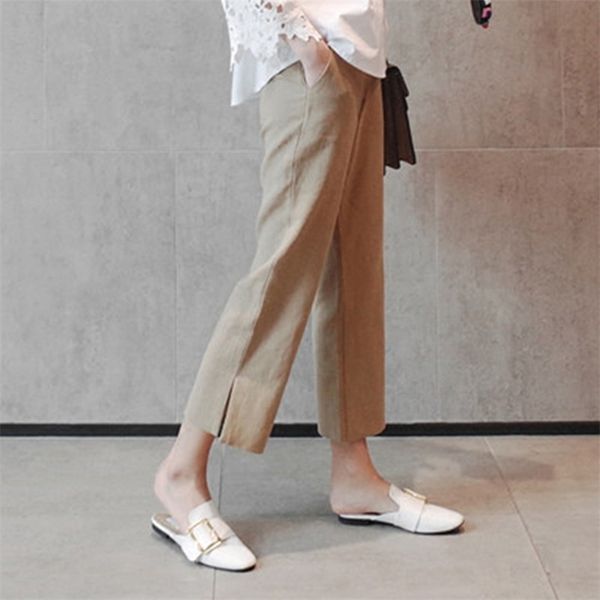 

women's pants capris cotton linen trousers women summer loose wide leg high waist pants lady office casual female calf length pant 2209, Black;white