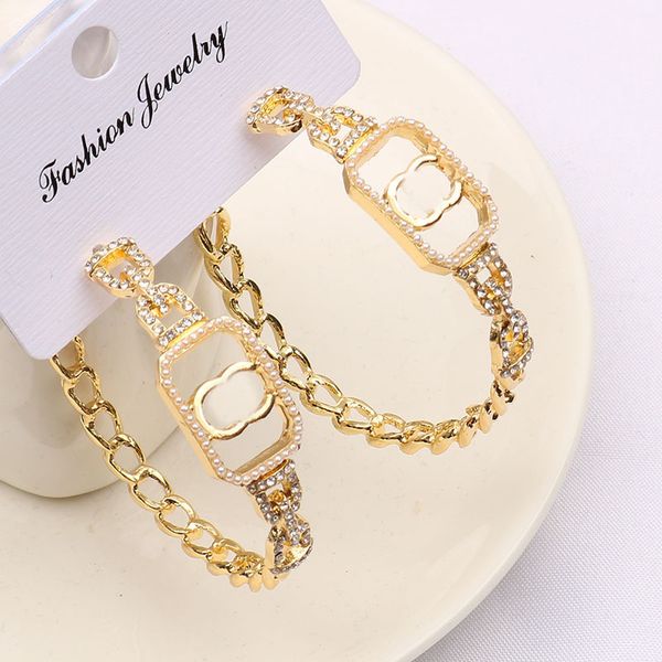 

fashion 18k gold plated luxury brand designers double letters stud clip chain geometric famous women 925 silver crystal rhinestone earring w, Golden;silver