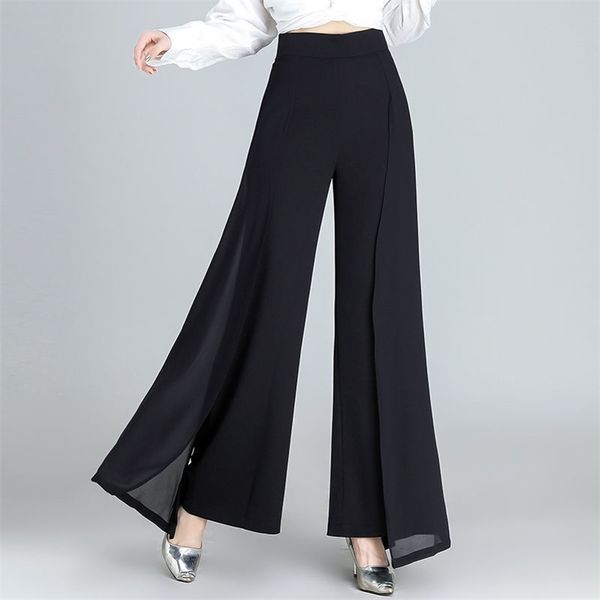 

women's pants capris chiffon wide leg pants high waist casual black elegant trousers women korean fashion clothing baggy pantalon femme, Black;white
