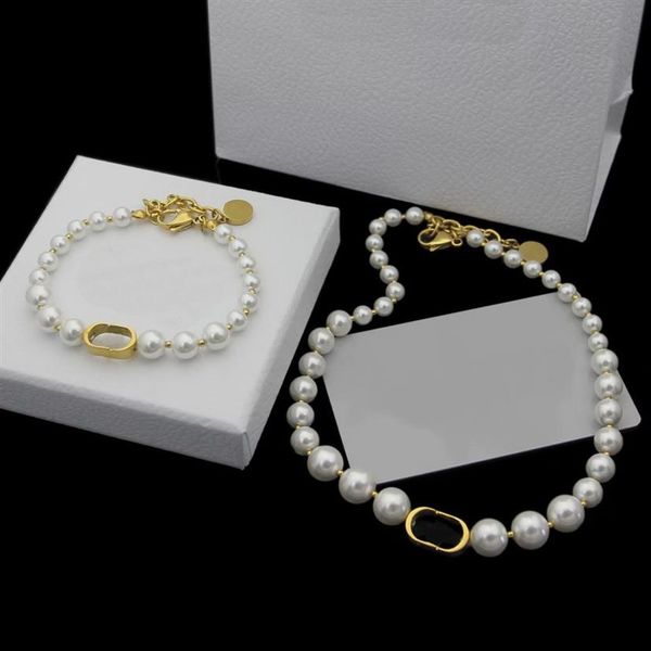 

europe america fashion jewelry sets women lady titanium steel natural white pearl chain necklaces bracelets with d letter charm3338, Silver