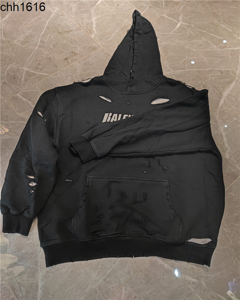 

family balencaigass autumn and winter new high street fashion brand os version paris art hole crack hole hoodie men and women fashion, Black