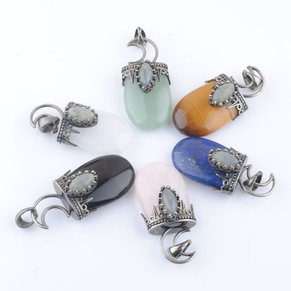 

natural stone crown moon pendants for necklace antique silver color charm jewelry gift bn417