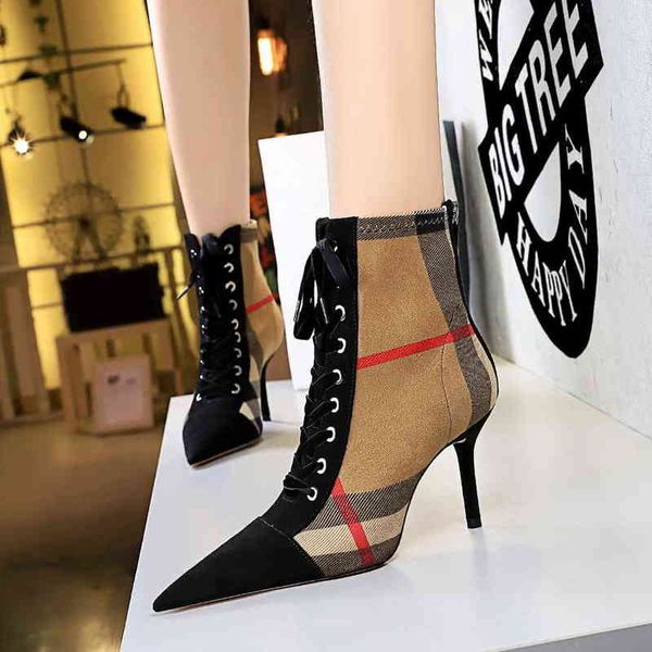 

8788-13 sandals korean fashion thin heel high pointed check color matching suede lace up trend cross strapping boots, Black