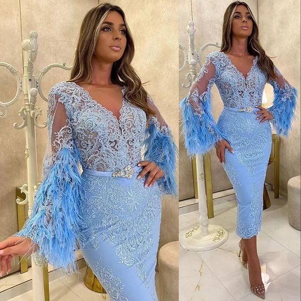 

arabic aso ebi sky blue homecoming dresses 2023 v neck long sleeves feather lace appliques tea length prom party guest dress cocktail gowns, Blue;pink