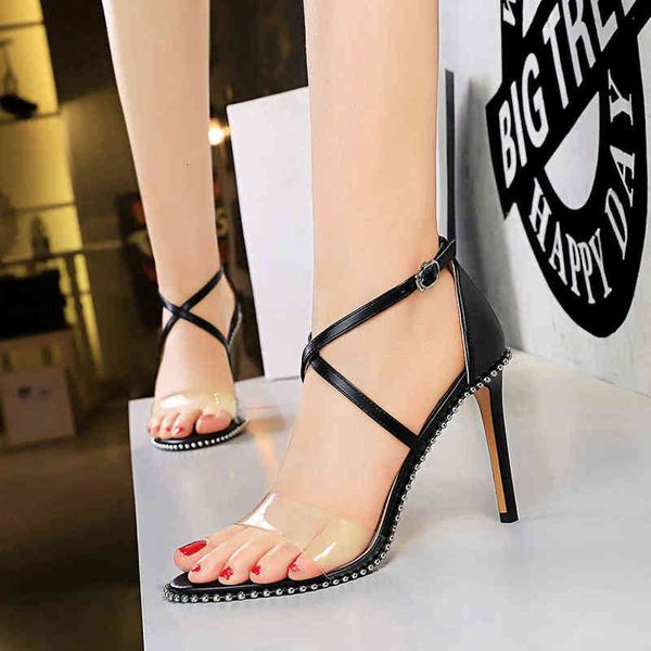 

398-8 sandals wind high heels metal rivets transparent open toe hollow out cross belt summer women's shoes sandals, Black