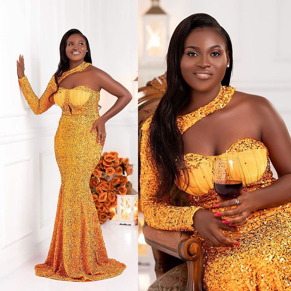 

muslim yellow sequined mermaid evening dresses gowns elegant beaded satin overskirt one shoulder formal for women party, Black;red