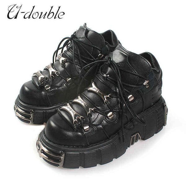 

boots u-double brand punk style women shoes lace-up heel height 6cm platform shoes woman gothic ankle boots metal decor woman sneakers t2209, Black