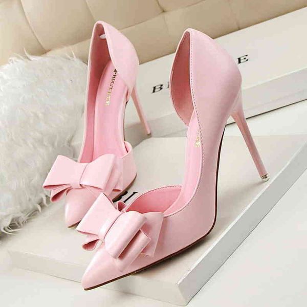 

3168-2 sandals korean fashion elegant sweet bow high heels thin shallow mouth pointed side hollow single shoes, Black