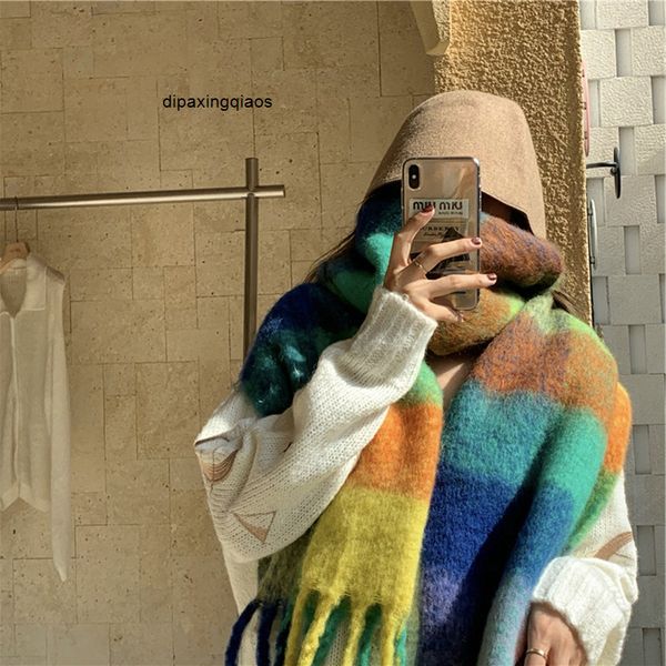 

designer scarf acne sweden studios rainbow check scarf women's autumn and winter cashmere insac color blocking fringed mohair shawl thi, Blue;gray