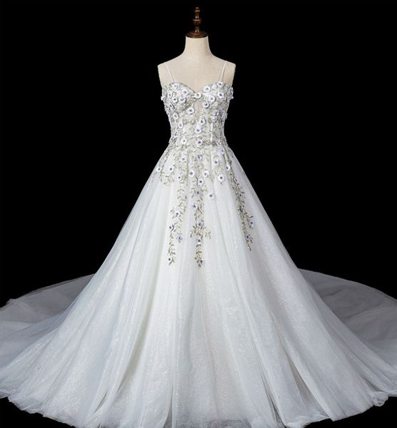 

sweetheart wedding dress ivory white sling big tail light flower sequin dress is tall and thin my21510