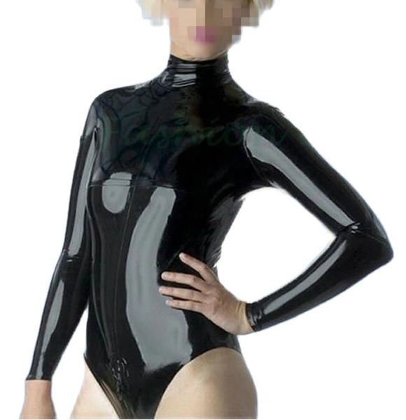 

fashion catsuit costumes pvc faux leather girls long sleeve black high collar leotard bodysuits jumpsuits 3-ways front zipper to front crotc
