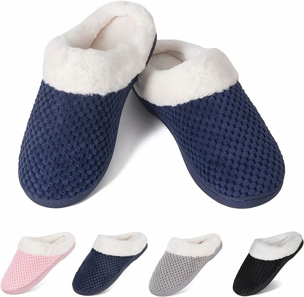 

winter knit slippers women's warm memory foam non-slip home shoes navy, Black