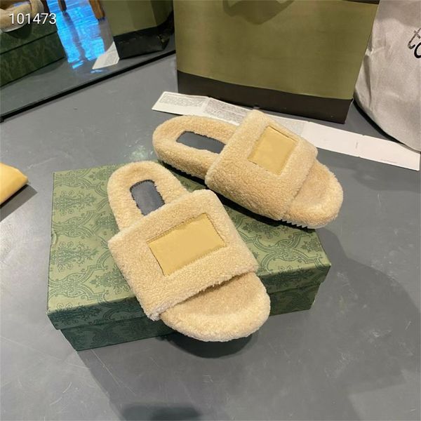 

designer wool warm flat slide slippers slides women shoes sandals sandal soft warm fur lady winter indoor slipper fuzzy plush shearling sabo, Black