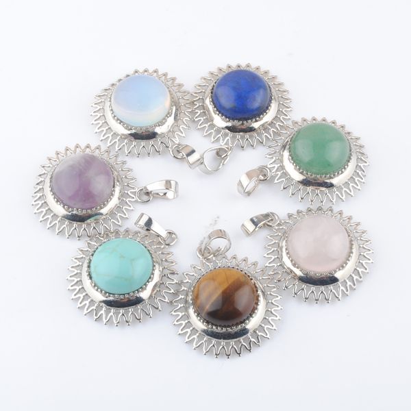 

beautiful sun pendants round cabochon stone rose quartzs opal lapis lazuli reiki chakra jewelry for necklace bn428, Silver