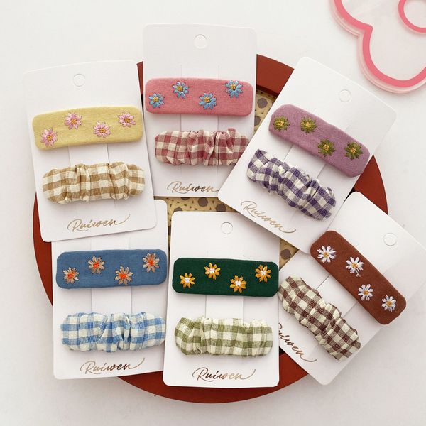 

2 new pcs fashion korean embroidery flower square children's bb clip sweet girl princess simple plaid fabric hairpins headwear, Slivery;white