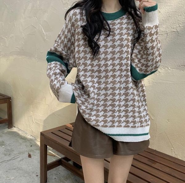 

women sweater fashion luxury designer knit pullovers ladies loose sweater korean college style jumper plaid casual, White;black