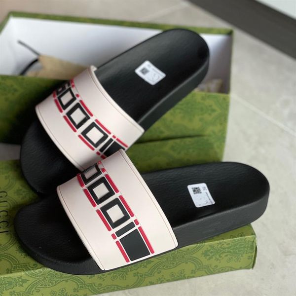 

latest rubber slides sandals floral brocade women men slipper flat bottoms flip flops womens fashion striped beach slippers with box no195t, Black