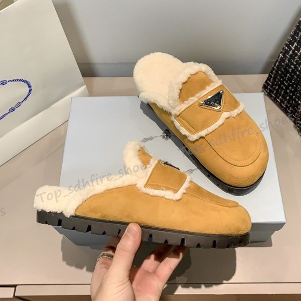 

2022 women furry slippers enameled slides slipper sandal women shoes fur slippers shearling triangle crossover plush wool soft warm winter, Black