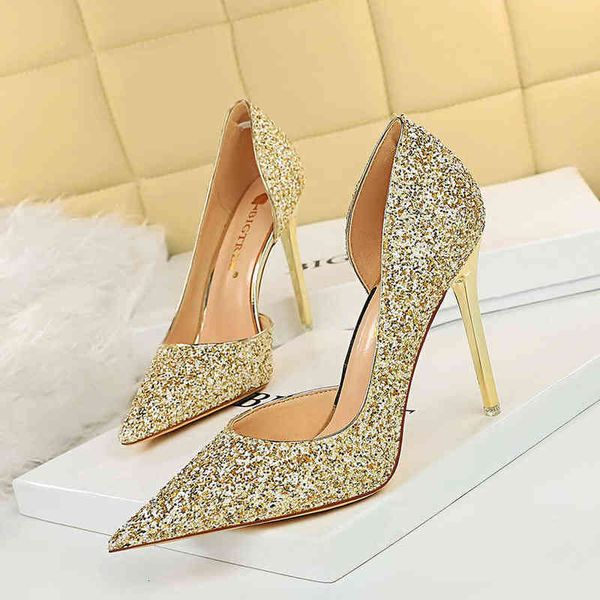 

3165-2 sandals fashion nightclub slim thin heel high shallow mouth pointed side hollowed out shining sequin single shoes, Black