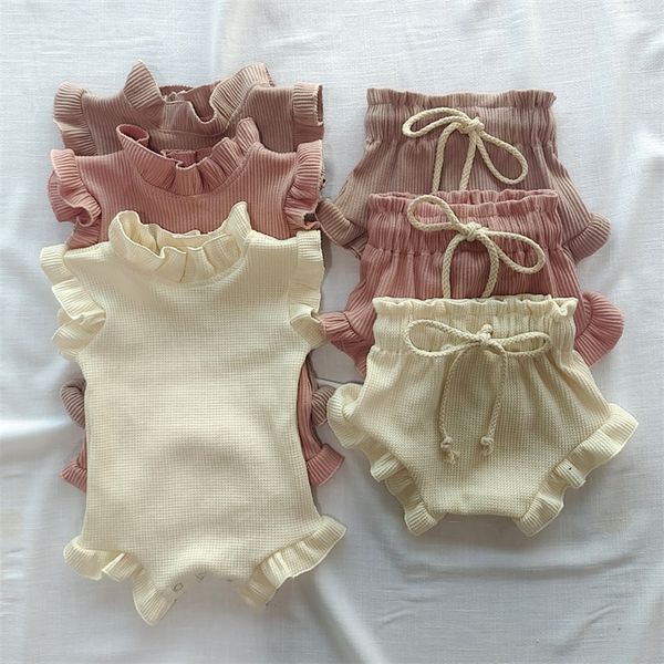 

clothing sets 2pcs infant baby girl clothes set waffle cotton ruffle born vest romper bloomer shorts suit baby summer outfits clothing 2209, White