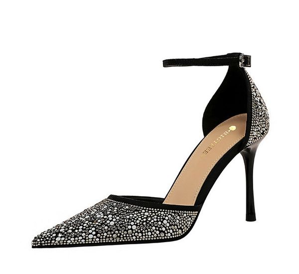 

hbp pointed tote dress shoes satin pumps stiletto bling diamond setting wedding party shoes with heel height 9 cm, Black