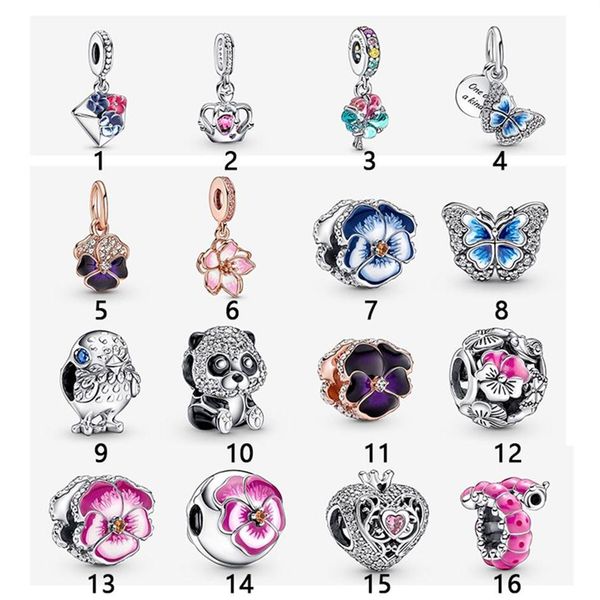 

spring 925 sterling silver fit pandora charms bracelets butterfly pansy bird panda crown caterpillar charm for european women wedd2975267w, Golden;silver