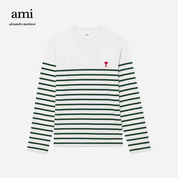 

mens womens t shirt amii cotton men's and women's classic love cotton casual embroidery stripe pullover round neck long sleeve t-s, White